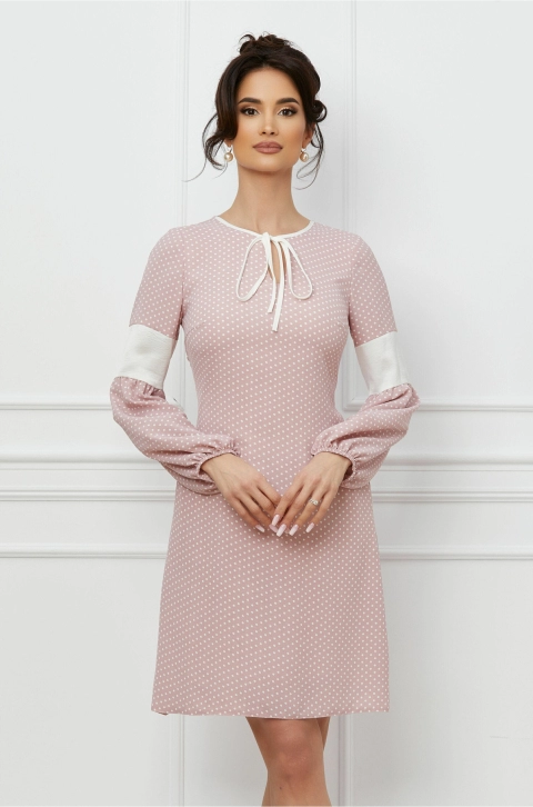 Rochie Moze roz cu buline albe si buzunare