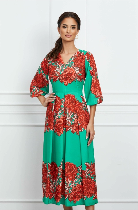 Rochie Moze verde cu imprimeu floral orange