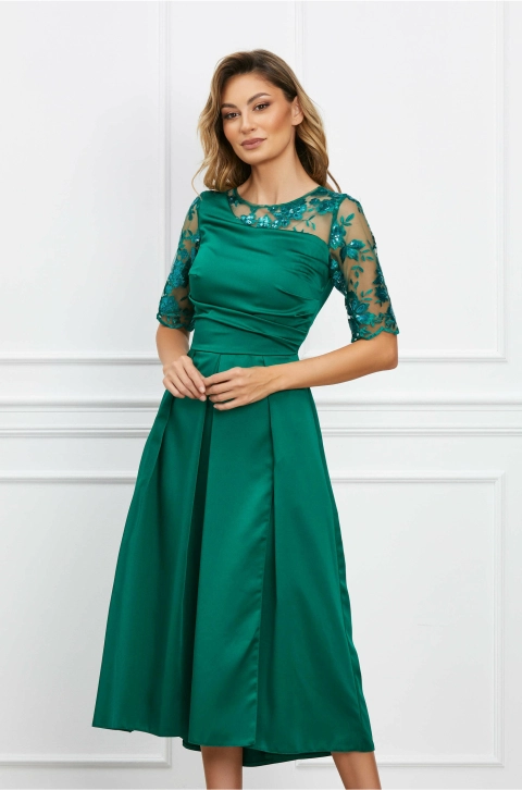 Rochie Moze verde din satin cu paiete la bust si maneci