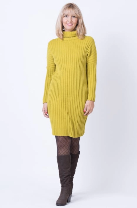 Rochie mulata, midi, tricotata, galben lime