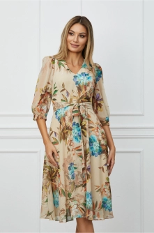 Rochie Natalia bej cu imprimeuri florale albastre si cordon in talie