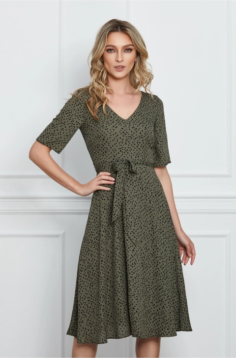 Rochie Natalia kaki cu picatele si cordon in talie