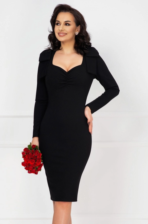 Rochie neagra de cocktail Charlotte cu fronseuri si fundite maxi
