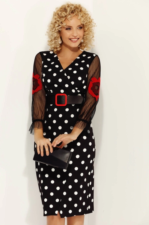 Rochie neagra midi cu buline albe si maneca din tul cu broderie florala si curea in talie Fofy