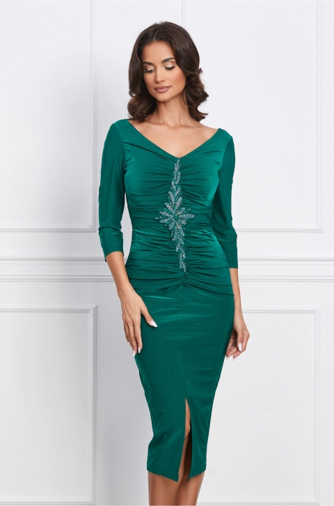 Rochie Nelly verde cu fronseu si broderie din margele