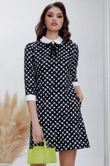 Rochie office Fofy in A cu imprimeu grafic si guler alb