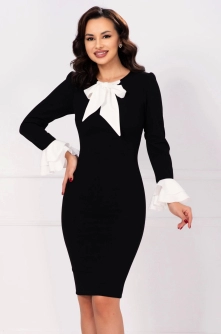 Rochie office Mary neagra cu mansete albe si funda