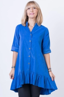 Rochie pentru colanti cu volan, din catifea reiata, albastru electric