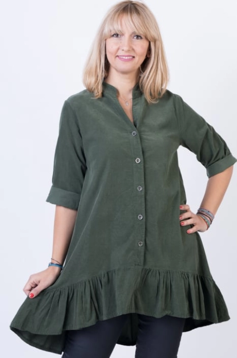 Rochie pentru colanti cu volan, din catifea reiata, kaki