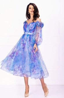 Rochie pretioasa de ocazie Josephine bleu cu imprimeu tip pictura