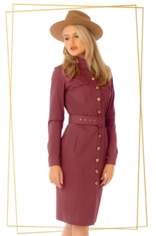 Rochie Pretty Girl burgundy din bumbac cu nasturi aramii