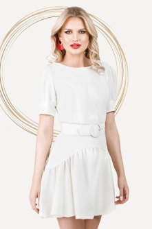 Rochie Pretty Girl din in scurta de vara ecru cu volanas