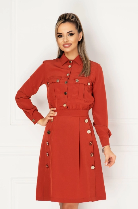 Rochie Pretty Girl de zi caramizie cu nasturi decorativi si buzunare frontale