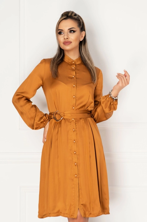 Rochie Pretty Girl mustar din vascoza cu cordon in talie si nasturi tip perla