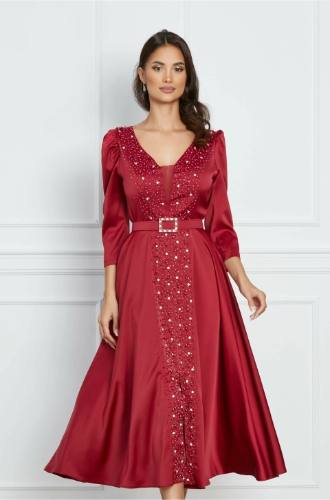 Rochie Raluca bordo cu strasuri si bilute si curea in talie