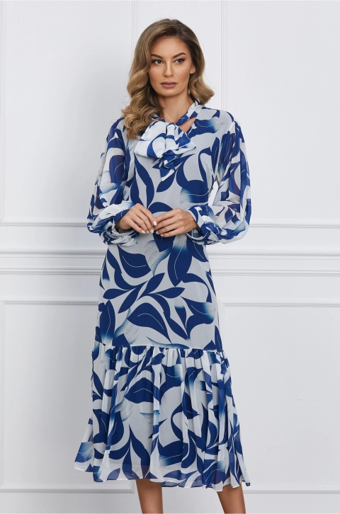 Rochie Ramona alba cu imprimeu albastru