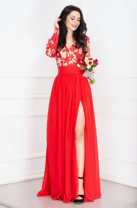 Rochie rosie de seara eleganta Georgia cu broderie deosebita
