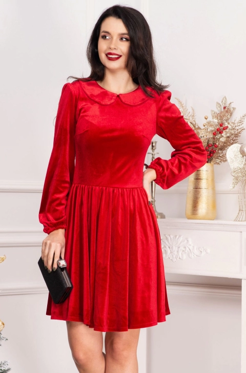 Rochie rosie din catifea Fiolla in clos cu guler