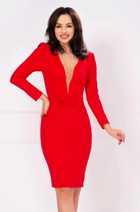 Rochie rosie eleganta Ayana cu funda in talie
