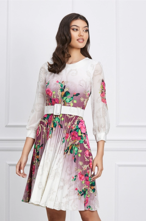 Rochie Roxana ivory cu mov in degradee si flori