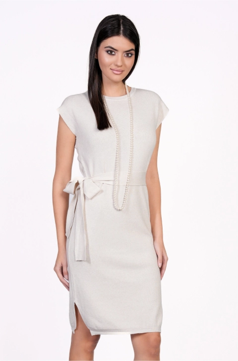 Rochie Sabrina ivory din tricot fara maneci cu cordon in talie