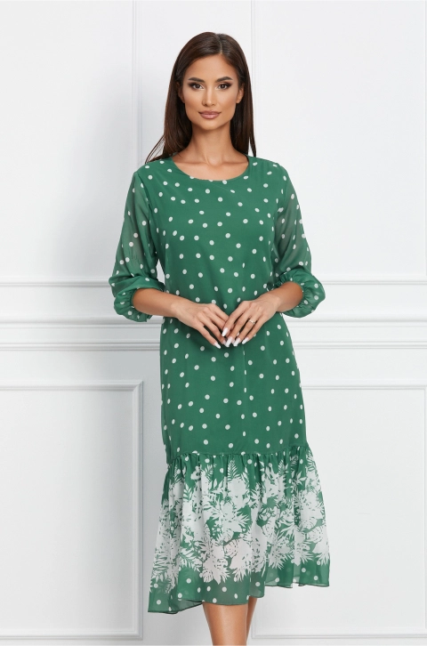 Rochie Samy verde cu buline albe si imprimeu floral la baza