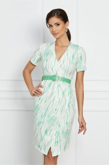 Rochie Sara ivory cu imprimeu verde si curea in talie