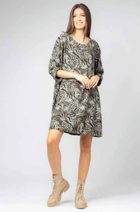 Rochie scurta din vascoza cu imprimeu animal print, kaki