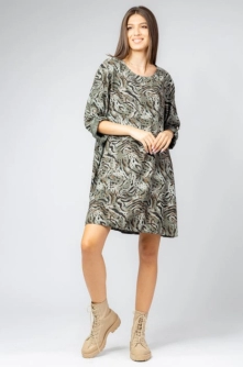 Rochie scurta din vascoza cu imprimeu animal print, kaki