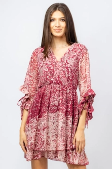 Rochie scurta din voal cu imprimeu floral pe fond bordo