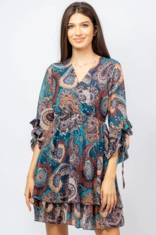 Rochie scurta din voal cu imprimeu mandale pe fond turquoise