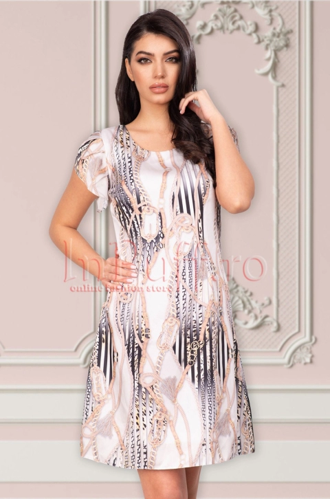 Rochie scurta eleganta Moze ivoire imprimeu cu lanturi
