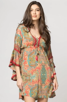 Rochie scurta stransa in talie cu imprimeu arabesque, din matase indiana rosu-bej