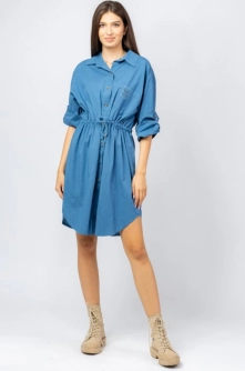 Rochie scurta tip camasa, din bumbac, cu siret in talie, albastra