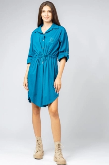 Rochie scurta tip camasa, din bumbac, cu siret in talie, turcoaz