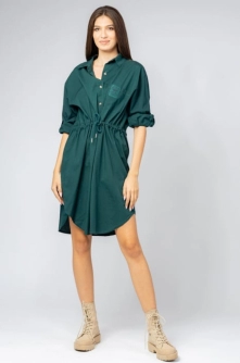 Rochie scurta tip camasa, din bumbac, cu siret in talie, verde
