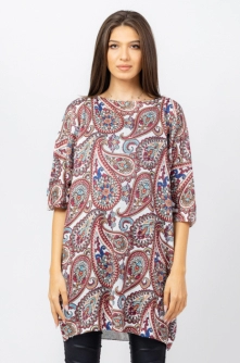 Rochie scurta tricotata cu maneca fluture si imprimeu arabesque pe fond bordo