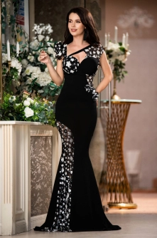 Rochie sirena de seara Daria eleganta cu flori alb-negru 3D brodate