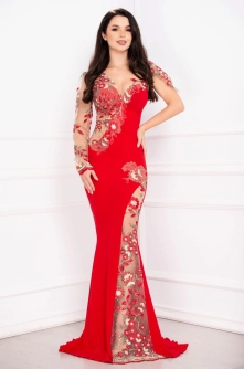 Rochie sirena Maisa eleganta rosie cu tulle bej si broderie florala