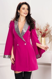 Rochie tip sacou Stefany cu guler si mansete din paiete argintii