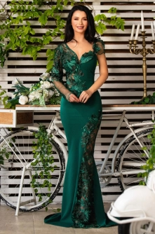 Rochie tip sirena Selly verde cu flori 3D si paiete discrete