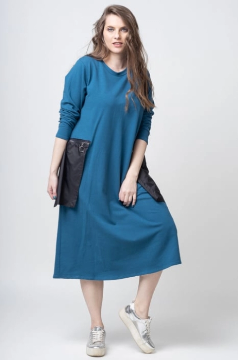 Rochie turcoaz din bumbac cu buzunare din fas aplicate