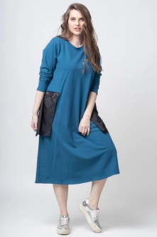 Rochie turcoaz din bumbac cu buzunare din fas aplicate