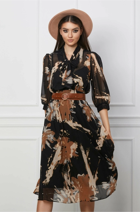 Rochie Valeria neagra cu imprimeuri maro si curea in talie