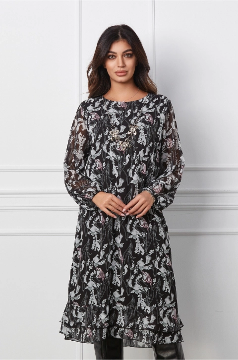 Rochie Valeria neagra cu imprimeuri si accesoriu