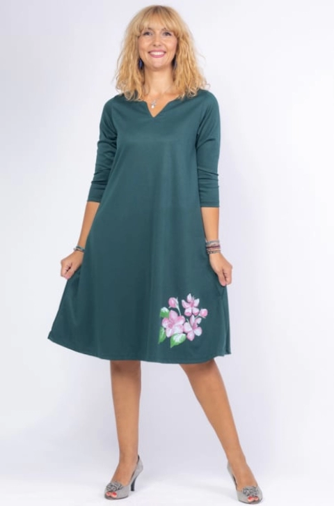 Rochie verde A line midi, cu imprimeu floare picturala