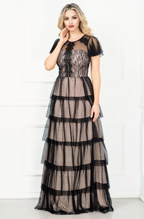 Rochie Xara de seara din dantela si tul cu volane si dublura bej