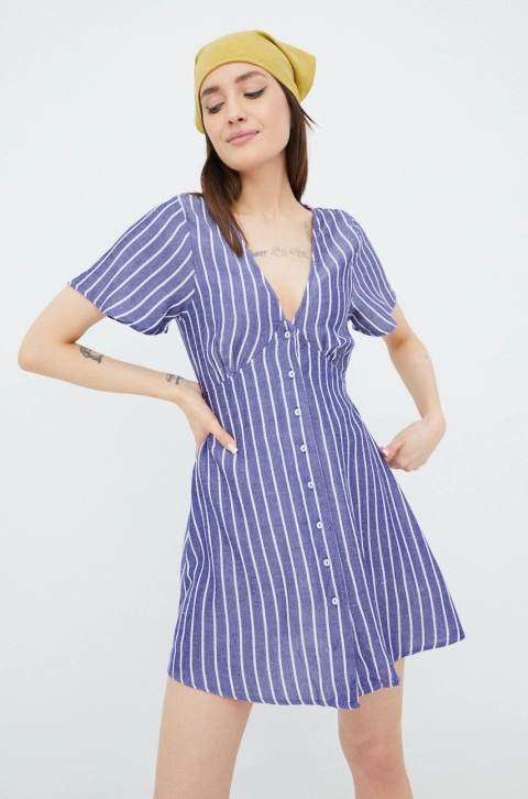 RVCA rochie din amestec de in culoarea violet, mini, evazati