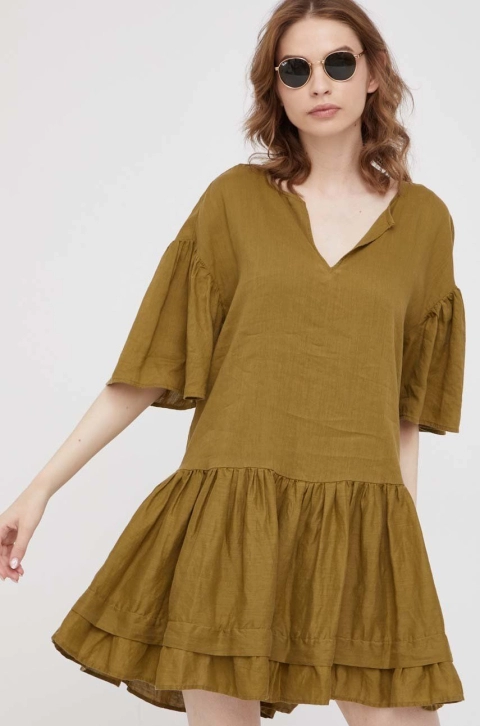 Sisley rochie din in culoarea verde, mini, evazati