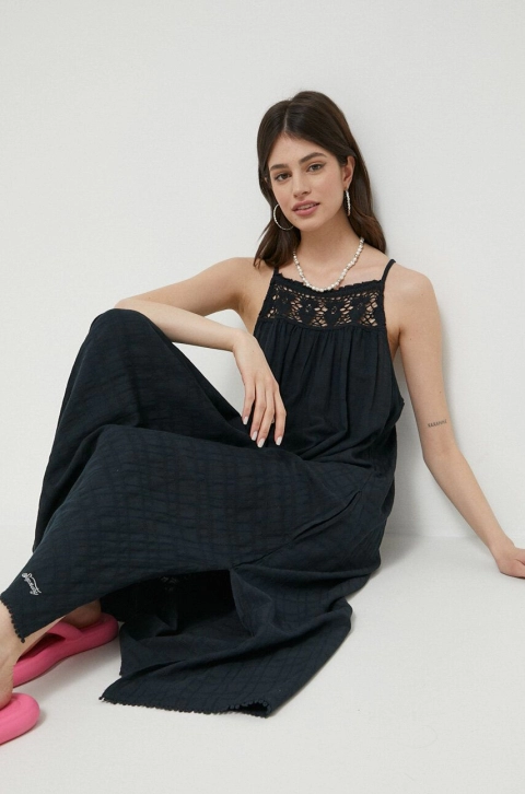 Superdry rochie din amestec de in culoarea negru, maxi, drept
